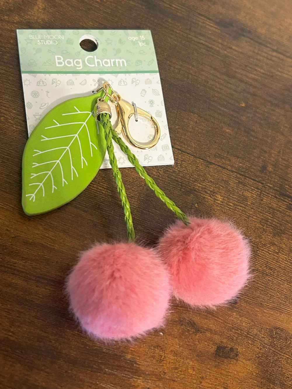 Plush Cherry Bag Charm Keychain with Pink Pom-Pom and Green Leaf